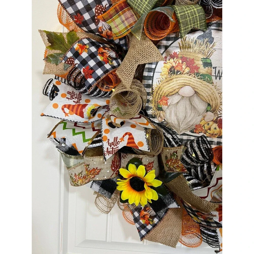 Handmade Autumn Fall Ribbon Wreath Welcome Gnome 22 in’s. Thanksgiving w11